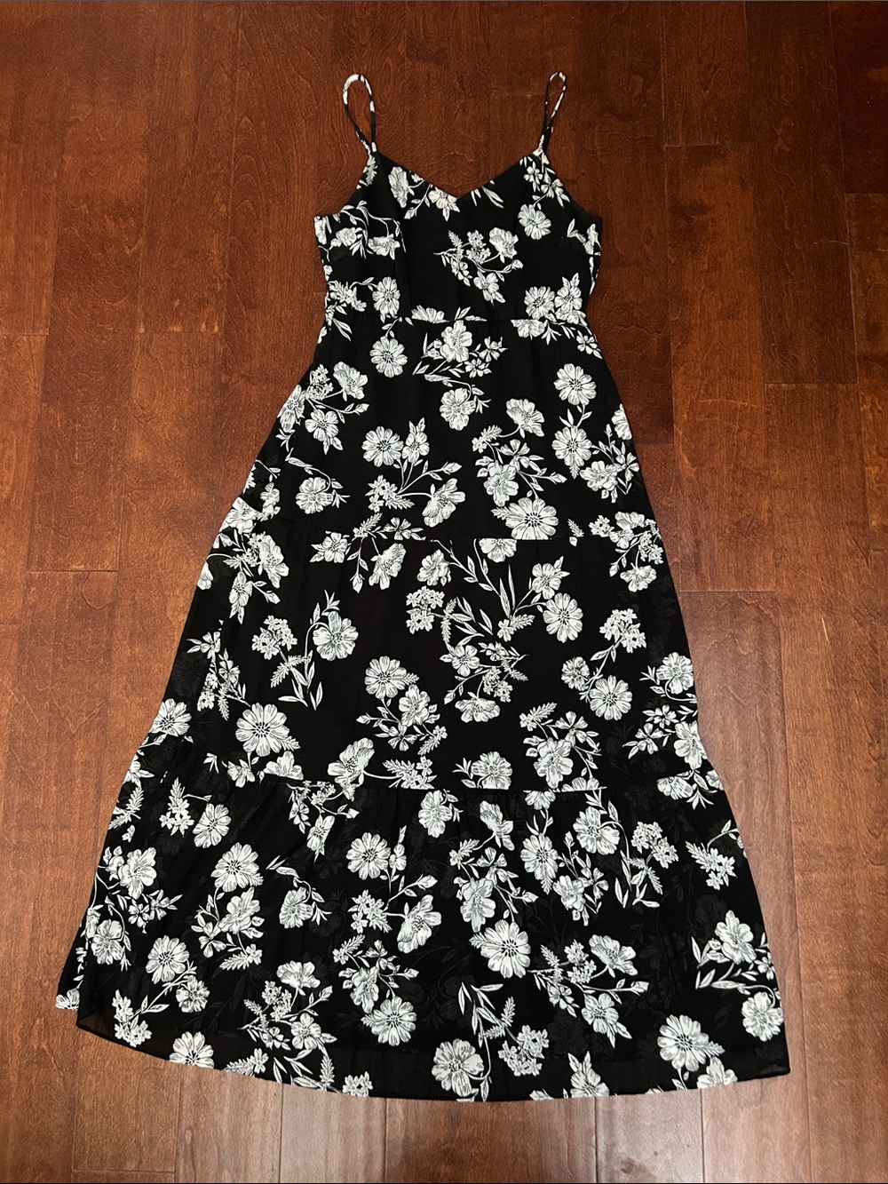 Black Floral Maxi Sundress with White Blossom Print